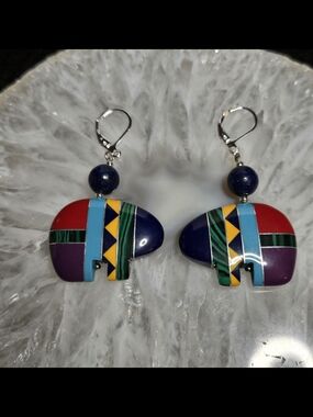 Multicolor Inlay Bear Earrings With Lapis Lazuli Accent Beads